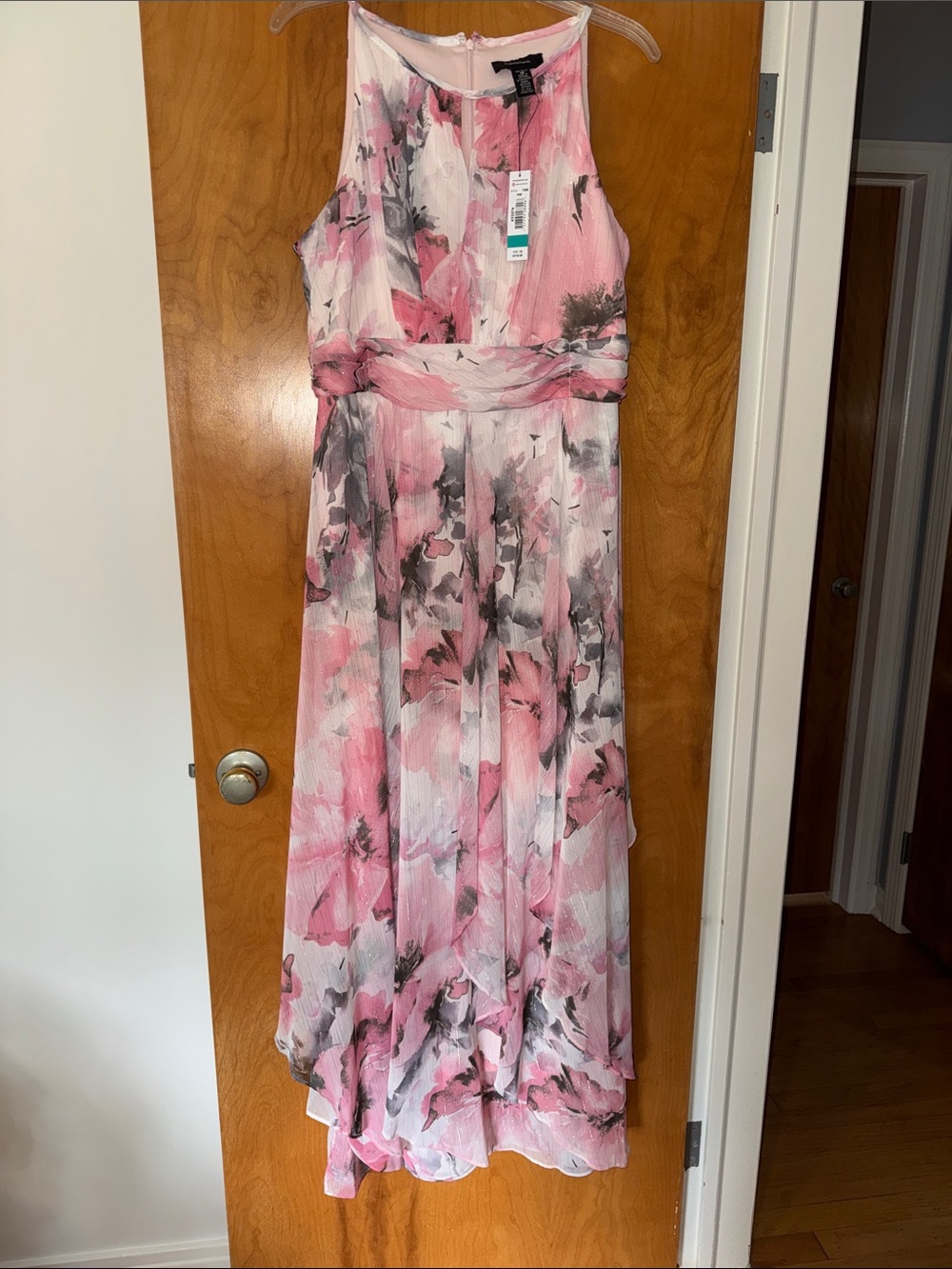 R&M Richards Pink and Gray Floral Chiffon Maxi Dress
